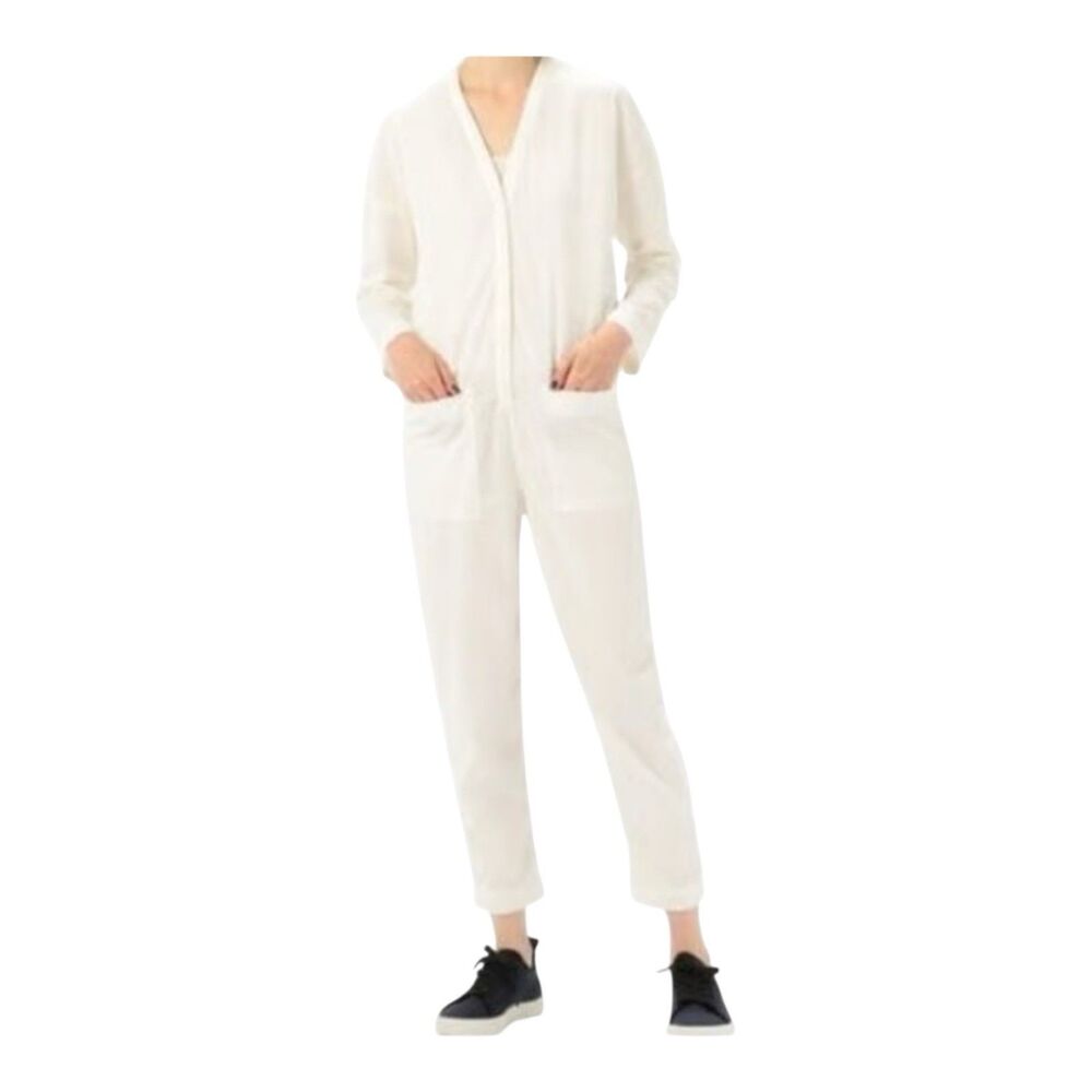 James Perse Jumpsuit Lightweight Ultra Fine Corduroy Sz 0 (XS) Ivory V-Neck Crop